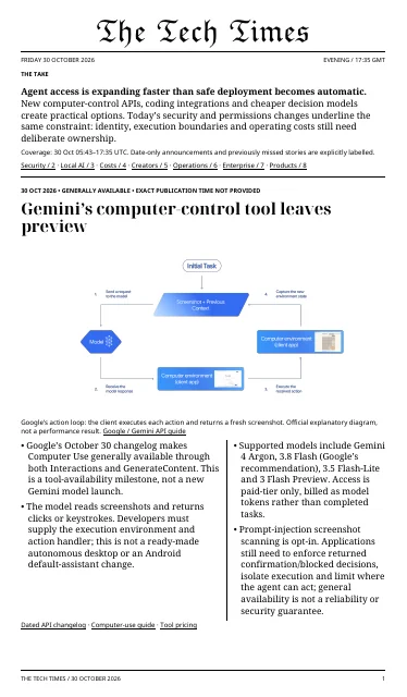First page of The Tech Times, 30 October 2026, Evening edition