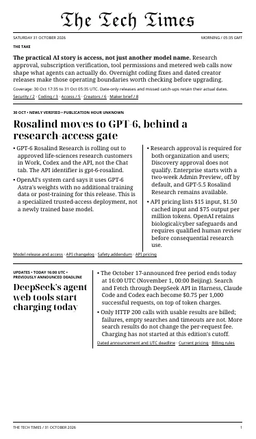 First page of The Tech Times, 31 October 2026, Morning edition